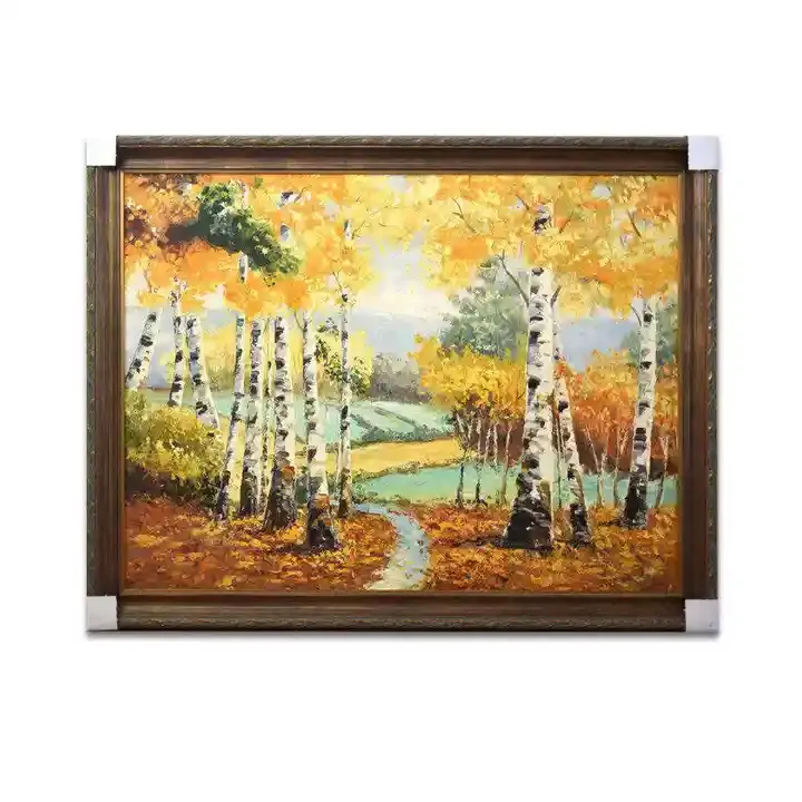 Pittura a olio dipinta a mano del coltello di paesaggio di alberi di betulla della foresta autunnale su misura impressionante