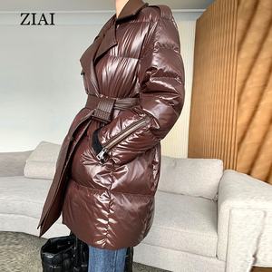 Nouveau style de veste en duvet pour femmes en duvet de canard blanc d'hiver <span class=keywords><strong>mi</strong></span>-long avec col de tailleur et veste en cuir Vente en gros - Product Image 6