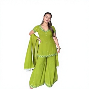 Traje Salwar de Algodón Verde Bordado para Mujer con Dupatta, Ropa Casual Tradicional India y Pakistaní, Corte Holgado hasta el Tobillo - Product Image 1
