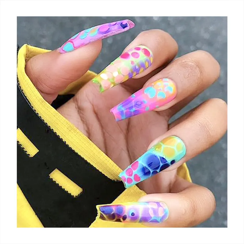 カラフルな長い棺の偽の釘マシンプリントマルチカラーポイントネイルのヒント用品MustomPattern Private Label Press On Nails