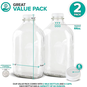 Bouteille en verre carrée à rayures verticales de 64 oz (2 L) avec bouchon <span class=keywords><strong>blanc</strong></span>, récipient de qualité alimentaire pour le stockage du lait, du jus, de l'huile de cuisson et du <span class=keywords><strong>vinaigre</strong></span> - Product Image 4