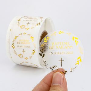 Autocollants personnalisés ronds en papier doré pour baptême avec motif croix et couronne pour Saïlann 13 juillet 2025 - Product Image 1
