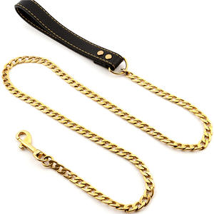 Guinzaglio infrangibile catena da addestramento per cani in metallo dorato con manico in pelle imbottito - Product Image 6