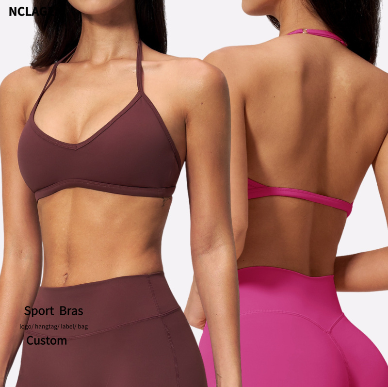 High Support Sports Bra for Women Backless Deep V Neck Halter Neck Gym Fitness Top Nylon Spandex Pilates Training Underwear