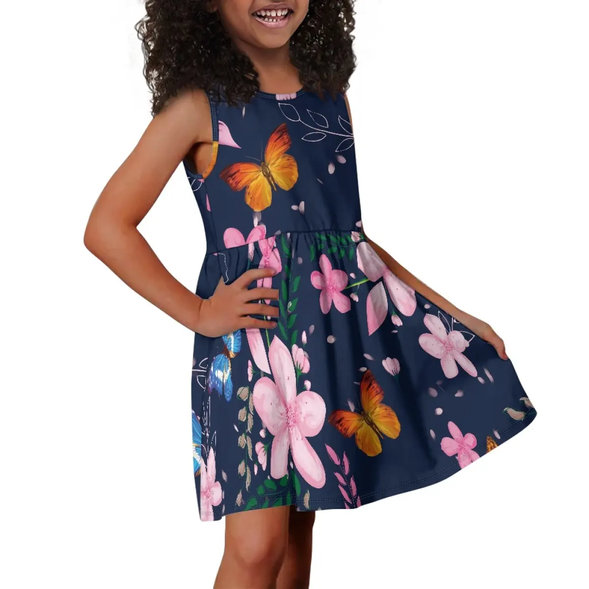 Kiraz çiçekleri 3D baskılı küçük kız elbise Ruffles sevimli çocuklar kolsuz Tank Tops elbiseler yaz rahat çocuk Sundress