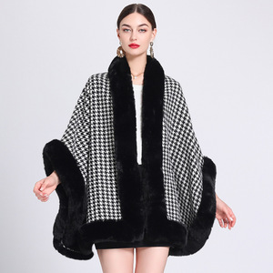 Hiver Femmes Lapin Fourrure Trim <span class=keywords><strong>Pied</strong></span> <span class=keywords><strong>de</strong></span> <span class=keywords><strong>Poule</strong></span> Cape Châle Laine Fausse Fourrure <span class=keywords><strong>Poncho</strong></span> - Product Image 2