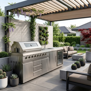 Cuisine extérieure modulaire de style américain aux couleurs fraîches, antibactérienne, en acier inoxydable SS304, avec îlot et barbecue pour patio - Product Image 1