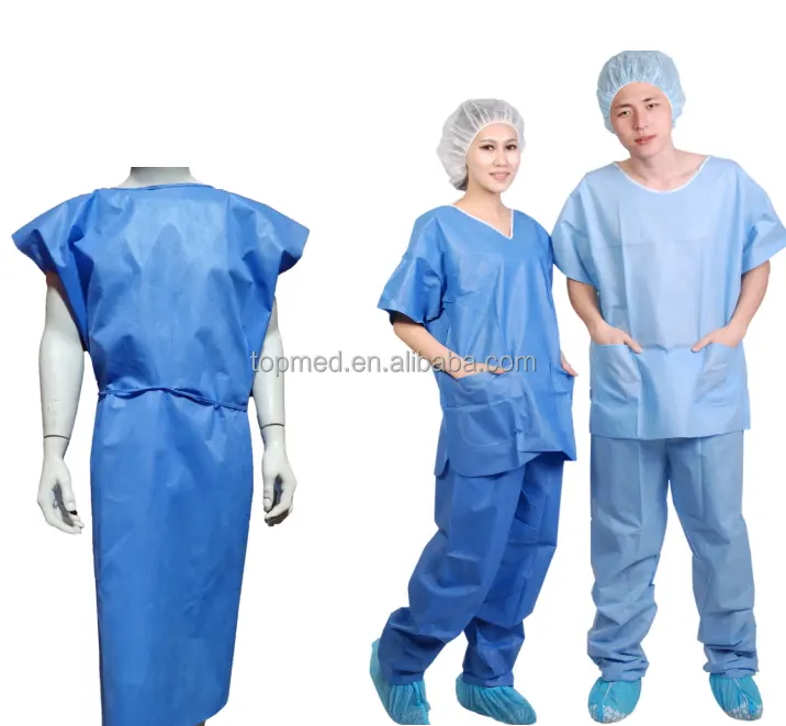 Vestido de paciente SMS descartável unissex direto da fábrica, uniformes hospitalares por atacado com impressão desenhada à mão para pacientes