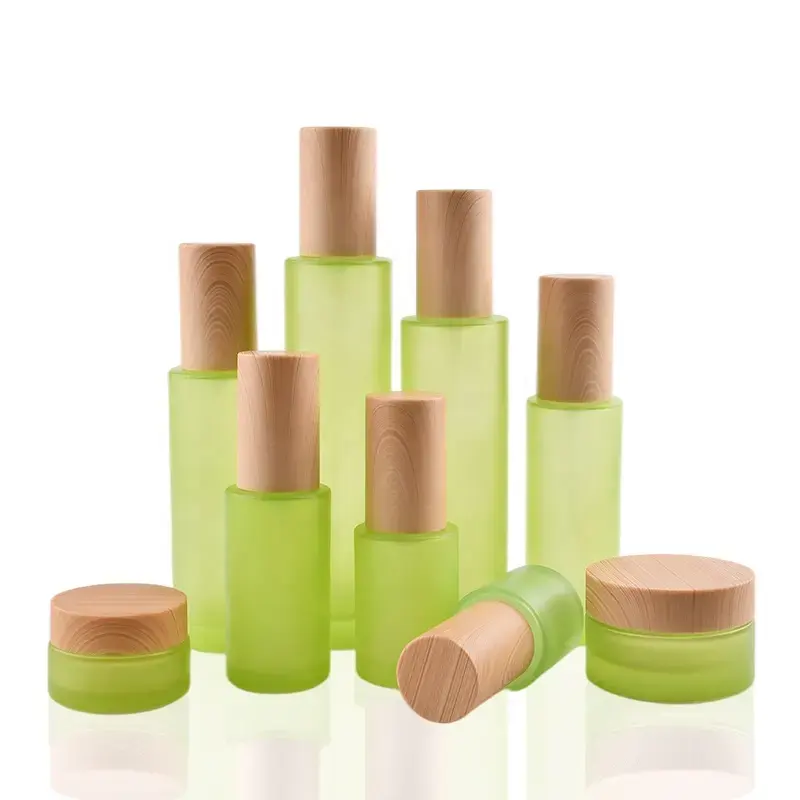 Customize Green Frosted Cosmetic Face Skincare Packaging Cream Jar Bamboo Spray Glass Lotion Pump Bottle Set Skin Care Product