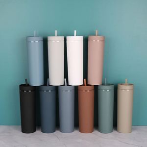 Morandi Color 16oz Plastic Tumbler with Straw Double Layer <b>Rubber</b> <b>Paint</b> Portable Drinking Cup Ready to Ship - Product Image 1
