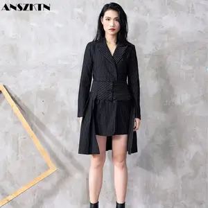 ANSZKTN女性クウェートファッション非対称ストライププリーツブレザージャケットスカートツーピースセット