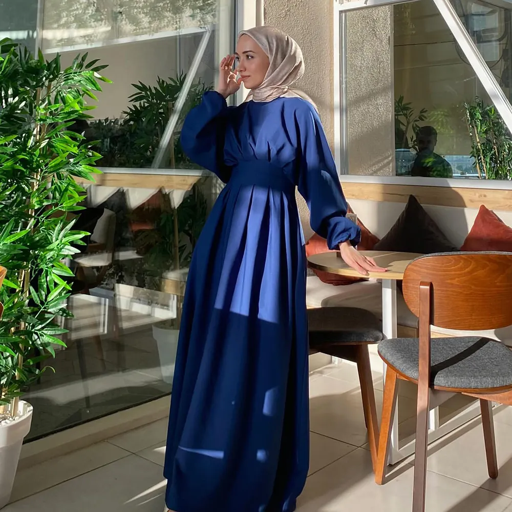 عباية للمرأة المسلمة بسعر الجملة، فستان 2024 دبي بلون سادة، فساتين المرأة المسلمة ذات الأكمام المربطة، فستان طويل للمسلمات