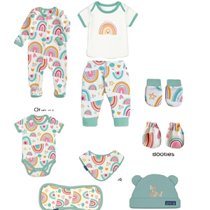 Polka Tots - Paquete de 10 Conjuntos de Ropa para Bebé Recién Nacido con Estampado Arcoíris, Mamelucos, Baberos y Accesorios para Regalo - Product Image 1