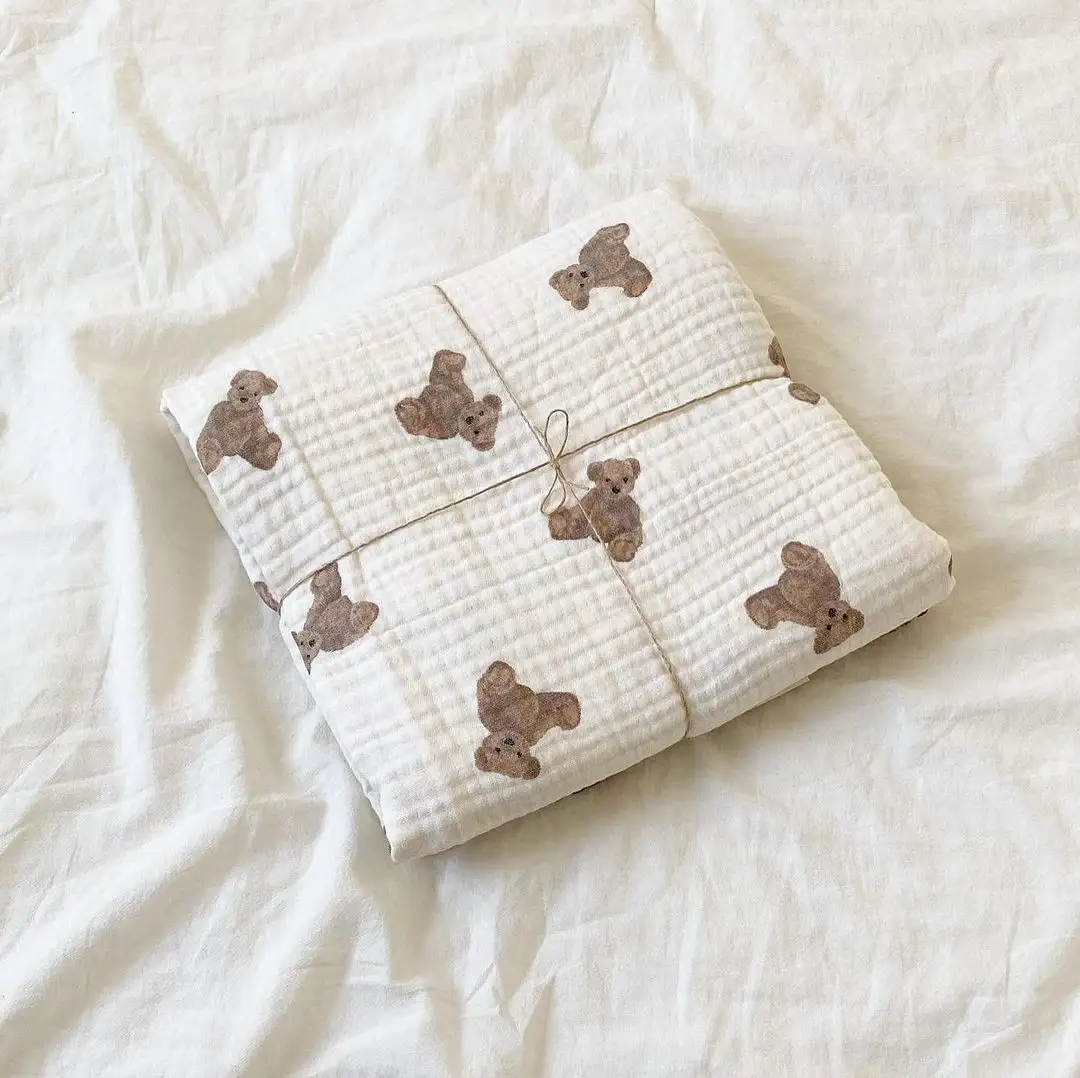 2 lapisan bayi selimut beruang cetak katun kain kasa Muslin bungkus bayi baru lahir anak perempuan anak laki-laki seprai selimut tidur Aksesori