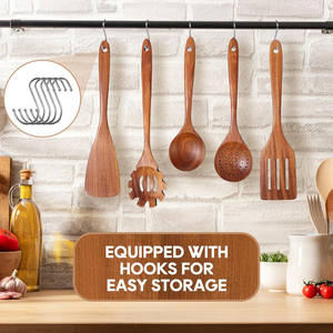 Juego de Utensilios de Cocina de Madera de Teca Duraderos de Alta Calidad, Personalizables por el Fabricante, Juego de 10 Piezas con Ganchos - Product Image 4