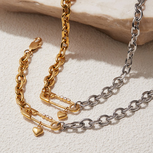 Collar de cadena con bloques de color dorado y plateado, con colgante de corazón y circonita, joyería de moda, regalo para mujer - Product Image 3