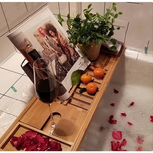 Estante telescópico de bambú a medida para bañera con bandeja, estante de almacenamiento de bambú para bañera, venta al por mayor. - Product Image 2