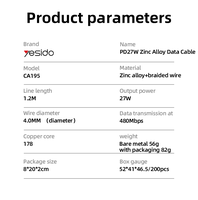 Câble de données Yesido 1,2 m PD 27W Type-C vers IP, charge rapide, compatible CarPlay, alliage de zinc CA195