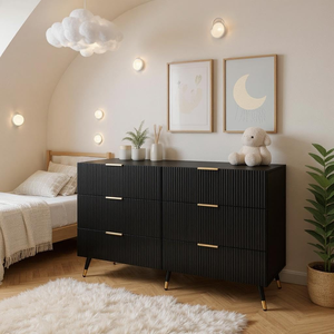 <span class=keywords><strong>Commode</strong></span> moderne en bois avec poignées dorées, 6 grands <span class=keywords><strong>tiroirs</strong></span> de rangement pour chambre d'enfant, 120x40x77cm, noir - Product Image 1
