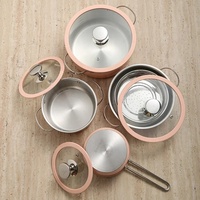 Set Peralatan Masak Stainless Steel Pink Empat Buah Tahan Lama Grosir, Termasuk Panci Susu, Casserole, dan Panci Anti Lengket
