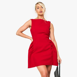 Femmes élégant été Mini robe cou une épaule conception flatteur martelé <span class=keywords><strong>sans</strong></span> manches plissé côté détail modeste solide - Product Image 4