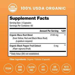 Cápsulas de Maca Orgánica OEM 2100mg, Mezcla de Maca Amarilla, Roja y Negra con Pimienta Negra para Energía y Vitalidad, 180 Veganas - Product Image 2