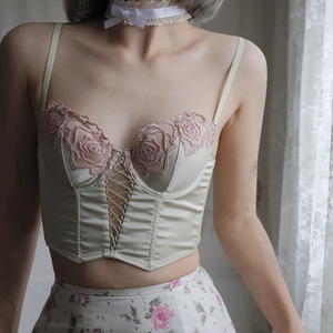 Haut corset <span class=keywords><strong>en</strong></span> satin premium à motif arête de poisson, broderie personnalisée, camisole à fleurs <span class=keywords><strong>en</strong></span> dentelle, streetwear décontracté, soutien-gorge vert élégant, lingerie sexy - Product Image 4