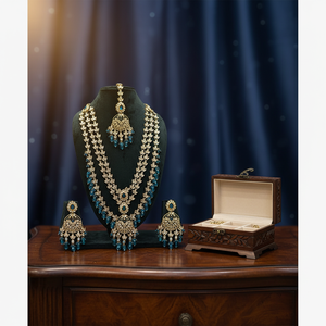 Gold Plated Long Necklace <b>Set</b> with Crystal Stone and <b>Beads</b> 12881107BLU Fine Jewelry <b>Set</b> - Product Image 3