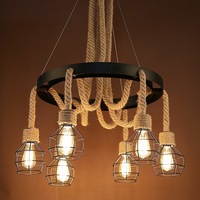 Lustre rustique rétro nostalgique en corde de chanvre, style industriel pour restaurant, bar, loft, ferme, en fer forgé, corde de chanvre, E27