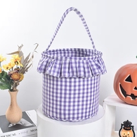 Sac à bonbons d'Halloween personnalisé brodé pour enfants, sac fourre-tout en tissu gingham à volants violet, panier, cadeau pour la fête d'Halloween