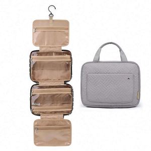 Échantillon gratuit : Trousse de toilette de voyage pliable pour femme, en coton et polyester, avec fermeture éclair, poignée à crochet, imperméable, personnalisable avec logo du fabricant. - Product Image 3
