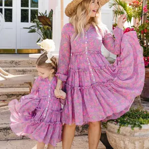 Summer Customized Long Sleeve Floral Plus Size Women'S Dresses Mother And Daughter Dress Mommy And Me Outfits