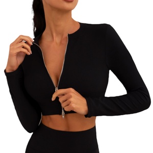 Solid Color Rib-Up/Down Zipper Breathable <b>Yoga</b> <b>Jacket</b> Long Sleeve Fitness Tight Sportswear for Women Reversible Eco-Friendly - Product Image 3