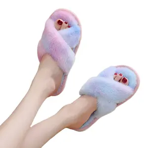 Custom Logo Promotion Gift Women Winter House Furry Slippers Home Warm Shoes Ladies Cross Soft Plush Furry Indoor Slippers