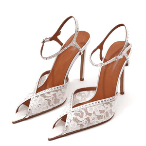 <b>Large</b> Size 45 Women Peep Toe Sandals Dress Lace Stiletto Shoes High Slim Heels Ankle Strap Rhinestone Wide Fit Pumps - Product Image 5