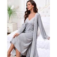 Ensemble de nuit élégant pour femme : Robe de chambre et nuisette à col en V avec dentelle, et peignoir assorti à manches longues – Lingerie de nuit sexy deux pièces