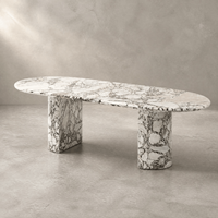 Table à manger ovale moderne en marbre blanc éléphant naturel, finition brillante, double piétement, pour maison, hôtel, villa, personnalisable