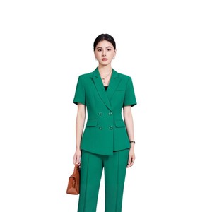 Women's Green Short Sleeve Double Breasted Blazer And Trousers Suit Set Formal Work Wear Commute Style Anti Wrinkle Worsted - Product Image 5