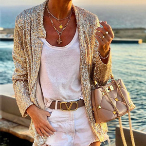 Women's <b>Sequined</b> Long Sleeve Blazer <b>Jacket</b> Gold Slim Fit Autumn Winter Elegant Coat - Product Image 1