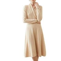 Robe en cachemire 100% pour femmes, col en V, style enveloppant, cintrée à la taille, manches longues, midi, élégante, automne-hiver, robe swing