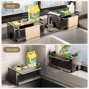 Kitchen Single Tier Metal Wiping Cloth Drain Sponge Rack <b>Standing</b> Type <b>Dish</b> Cloth Drying Rack With Mop Handle - Product Image 4