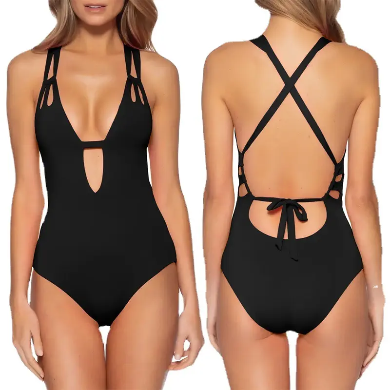 Aangepast Logo Hoge Kwaliteit Snel Droog Eendelig Badpak Effen Kleur Badpak Sexy Rugloze Strandbikini Voor Vrouwen