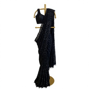 Sari long en satin noir perlé, brodé de sequins et de paillettes, imprimé, doux et infroissable, pour femmes, idéal pour les mariages indiens et les fêtes. - Product Image 4