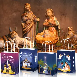 Huancai Merry Christmas Gift Paper Bags with Handles Goody Candy Treat Bag for Holy Nativity Religious Holiday Party Supplies