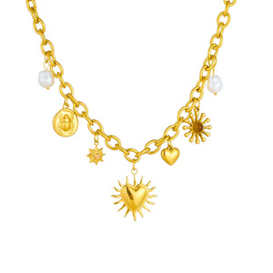 Cadena gruesa chapada en oro retro de moda transfronteriza europea y americana con dijes de sol, amor, perlas e insectos, de acero inoxidable. - Product Image 5