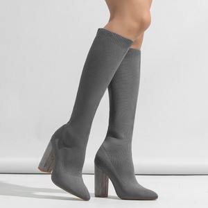 2025 Knee High Heels Pointy Sexy Stretch Fabric Knitted Chunky Heel Long <b>Boots</b> for Women - Product Image 6