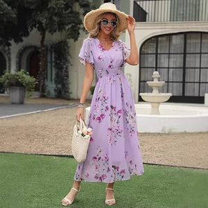 Robe d'été bohème pour femme, col halter, à lacets, col en V, manches mi-longues, fendue, coupe trapèze, taille haute, écologique, respirante, avec lien à nouer à la taille, idéale pour les vacances - Product Image 3