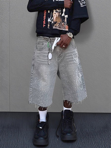 Jeans d'été décontractés pour hommes, shorts rétro longueur <span class=keywords><strong>genou</strong></span> avec lettres et poches brodées, vêtements de mode de rue, - Product Image 5