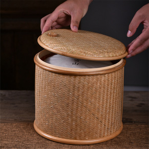 Handmade <b>Bamboo</b> Woven Tea Canister Round Single Tier Storage <b>Container</b> For Pu'er Tea Cake And Food Storage - Product Image 3