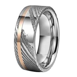 Bandas de boda de oro rosa de 8mm para hombre <span class=keywords><strong>y</strong></span> mujer, anillo de acero de Damasco, corte de tubo de <span class=keywords><strong>dos</strong></span> tonos, mate pulido brillante, confort Fit - Product Image 1
